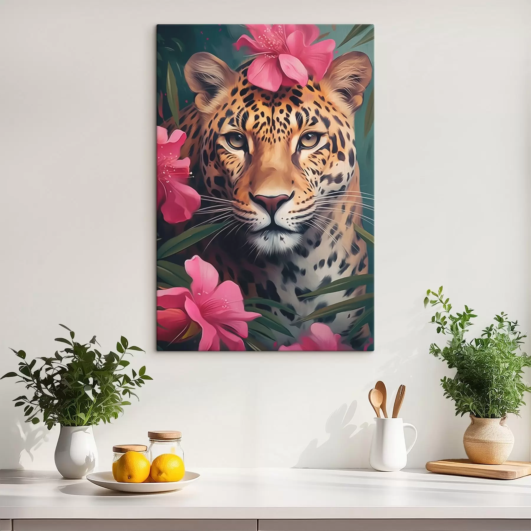 Wandbilder Leopard zwischen tropischen Blumen s44918