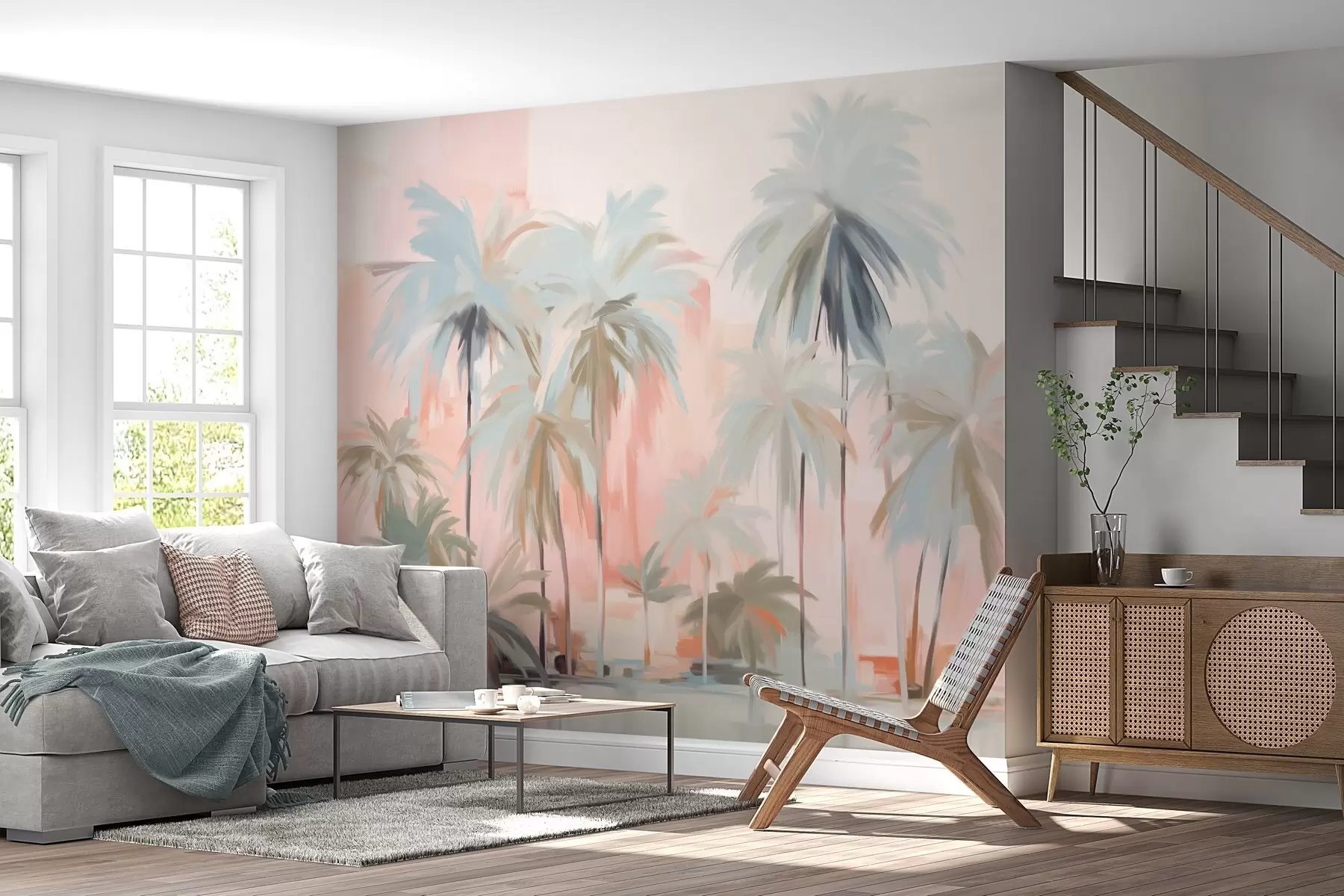 Fototapete Abstrakte, minimalistische, pastellfarbene tropische Palmen vor einem Hintergrund aus sanften Rosa- und Pfirsichtönen w09212