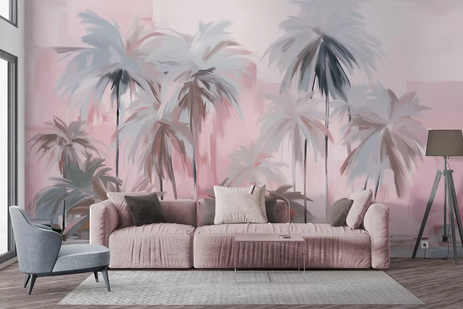 Fototapete Abstrakte, minimalistische, pastellfarbene tropische Palmen vor einem Hintergrund aus gedämpften rosa und grauen Farbtönen w09212v1