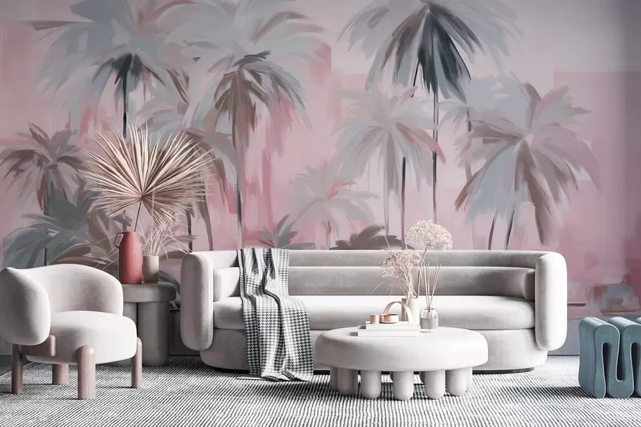 Fototapete Abstrakte, minimalistische, pastellfarbene tropische Palmen vor einem Hintergrund aus gedämpften rosa und grauen Farbtönen w09212v1