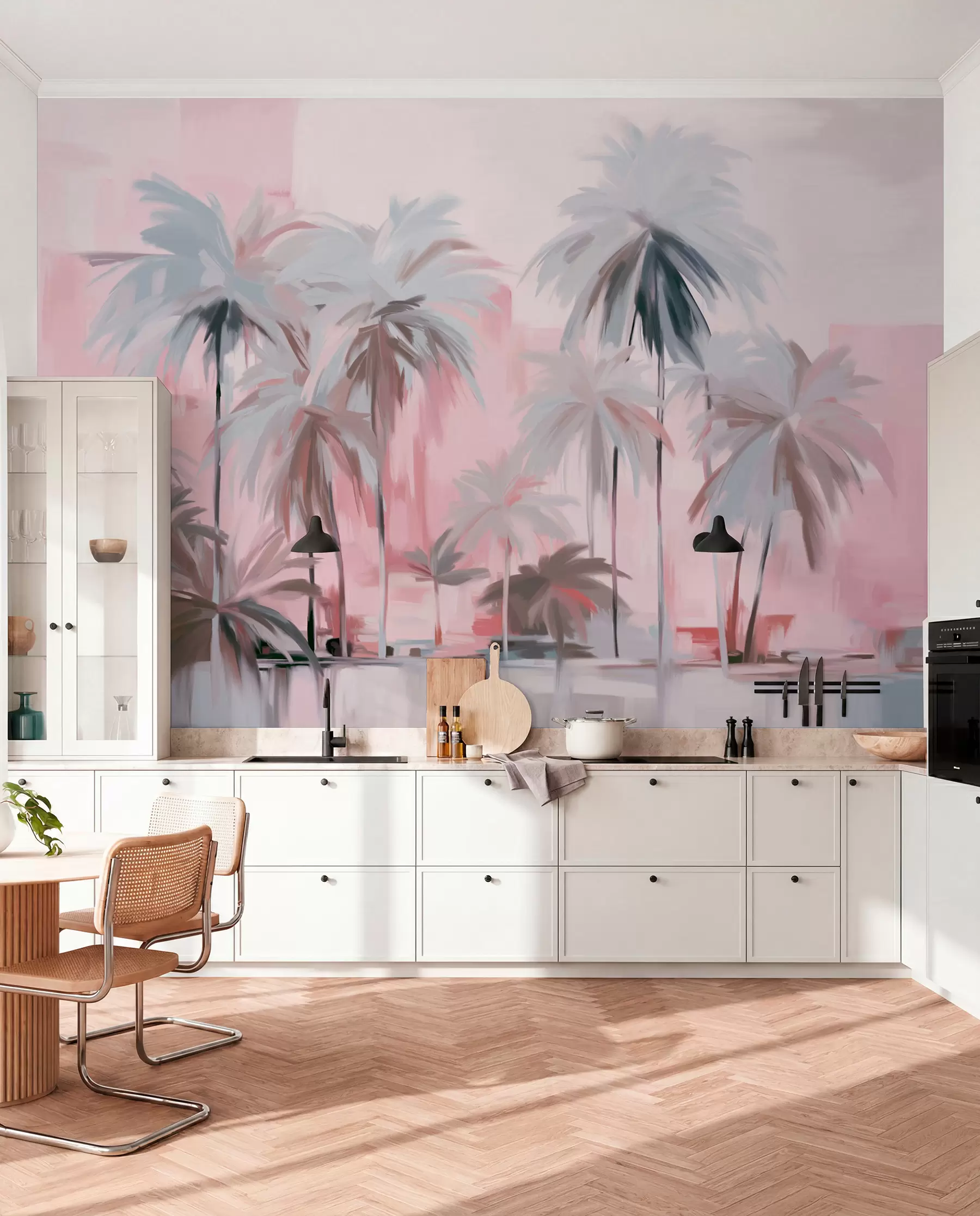Fototapete Abstrakte, minimalistische, pastellfarbene tropische Palmen vor einem Hintergrund aus gedämpften rosa und grauen Farbtönen w09212v1