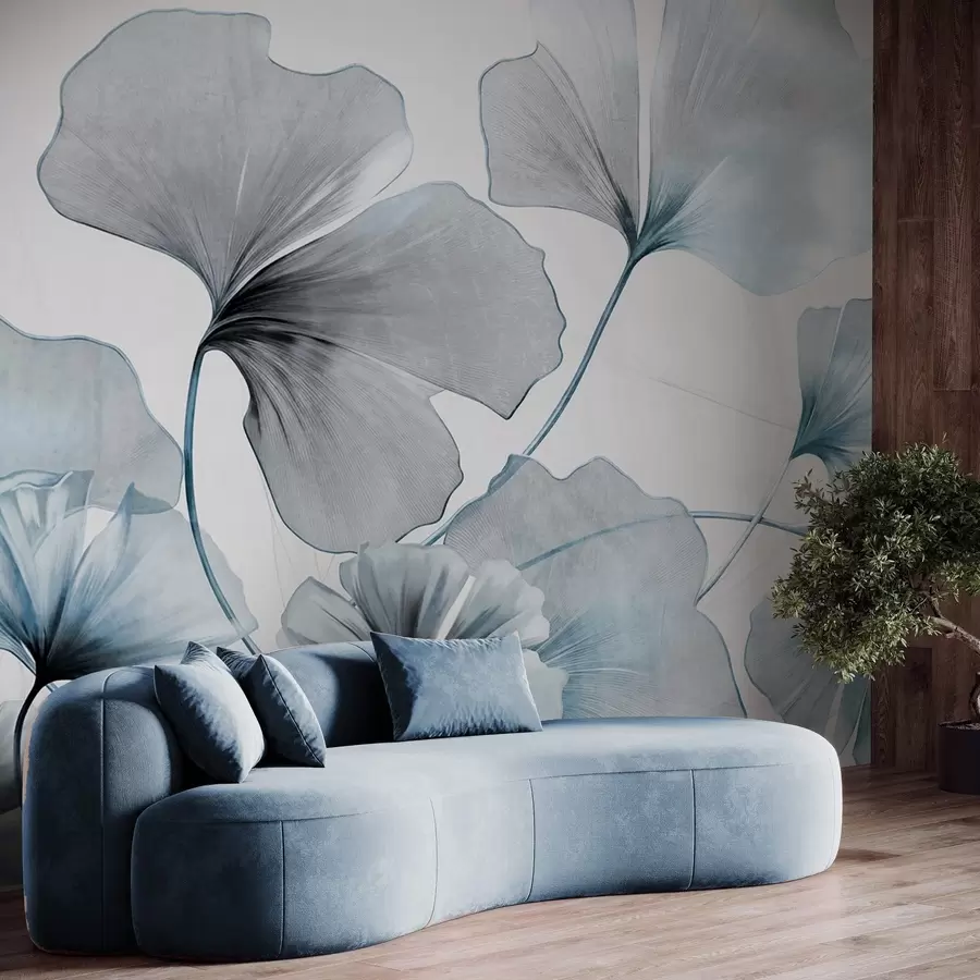 Fototapete Ginkgo biloba Blätter in gedämpften Blau- und Grautönen, zart strukturierter Aquarelleffekt, heller Hintergrund w09215v1