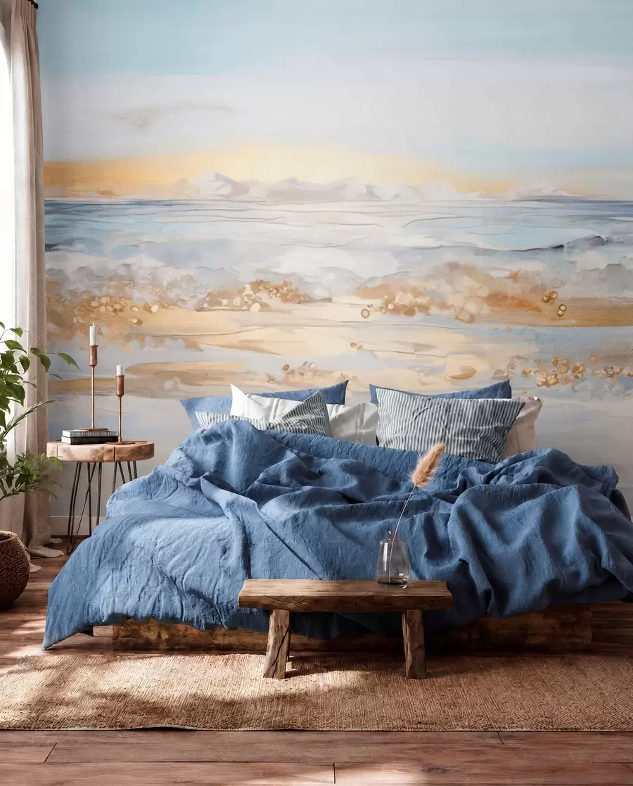 Fototapete Abstrakte strukturierte Landschaft Ozean Wellen brechen auf einem Sandstrand, weiche Pastellfarben, blauer Himmel mit leichten Wolken w09234
