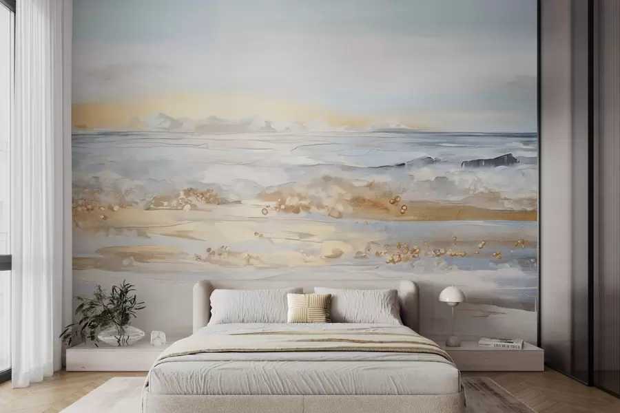 Fototapete Abstrakte strukturierte Landschaft Ozean Wellen brechen auf einem Sandstrand, weiche Pastellfarben, blauer Himmel mit leichten Wolken w09234
