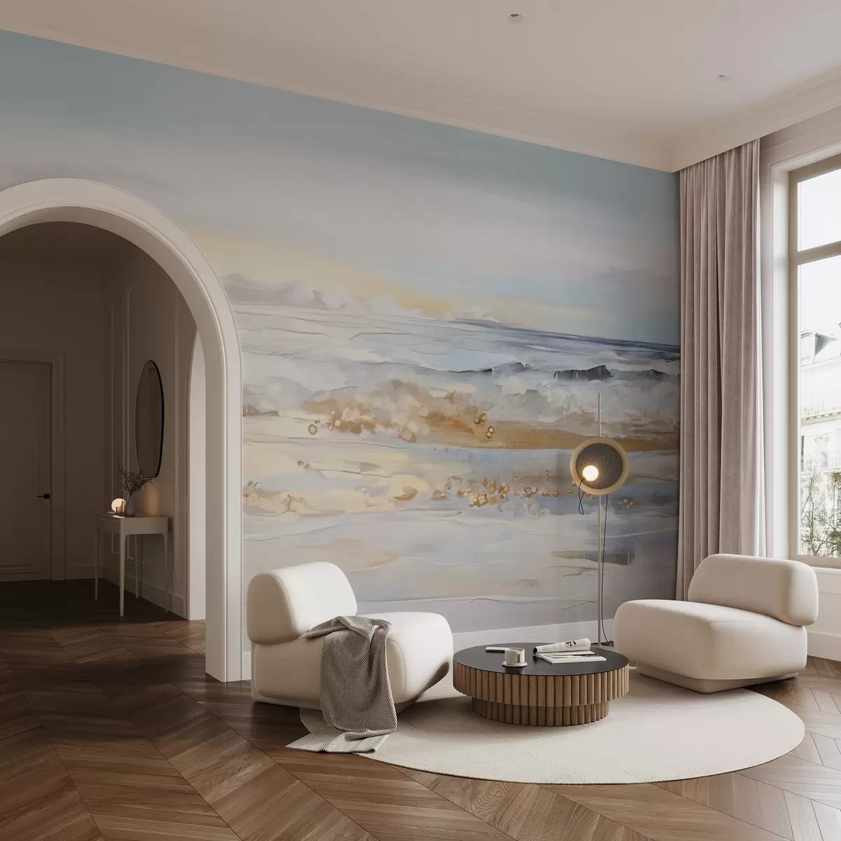 Fototapete Abstrakte strukturierte Landschaft Ozean Wellen brechen auf einem Sandstrand, weiche Pastellfarben, blauer Himmel mit leichten Wolken w09234