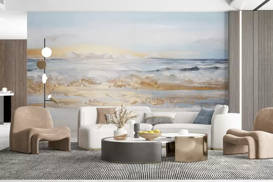 Fototapete Abstrakte strukturierte Landschaft Ozean Wellen brechen auf einem Sandstrand, weiche Pastellfarben, blauer Himmel mit leichten Wolken w09234