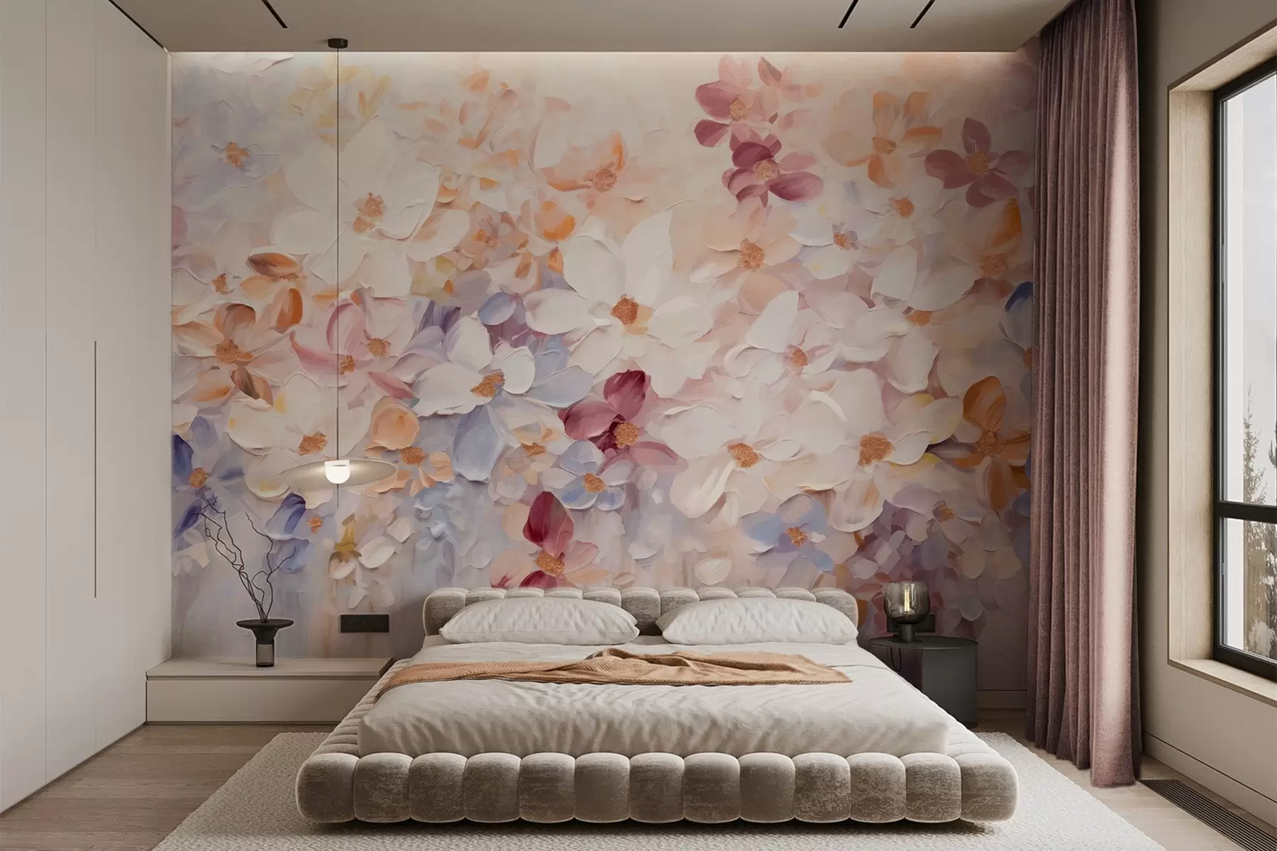 Fototapete Ölgemälde Nachahmung eines Blumengartens mit weißen, rosa und orangefarbenen Blumen, weiche Pinselstriche, Pastell gedämpfte Farben w09236