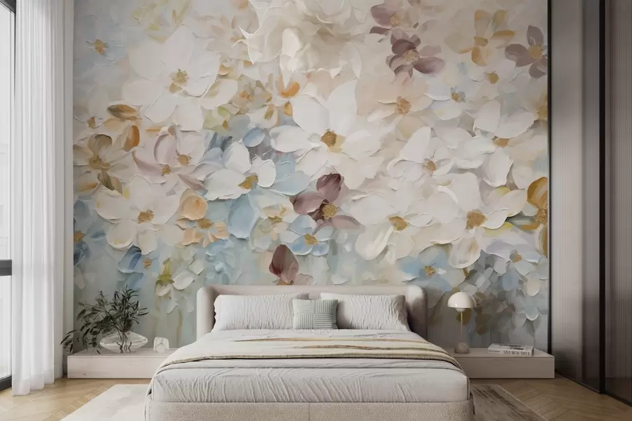 Fototapete Ölgemälde Nachahmung eines Blumengartens mit weißen, blauen und orangefarbenen Blumen, weiche Pinselstriche, Pastell gedämpfte Farben w09236v1