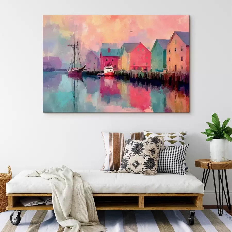Wandbilder Bunte Häuser am Wasser im Pinselstrich-Stil s44837