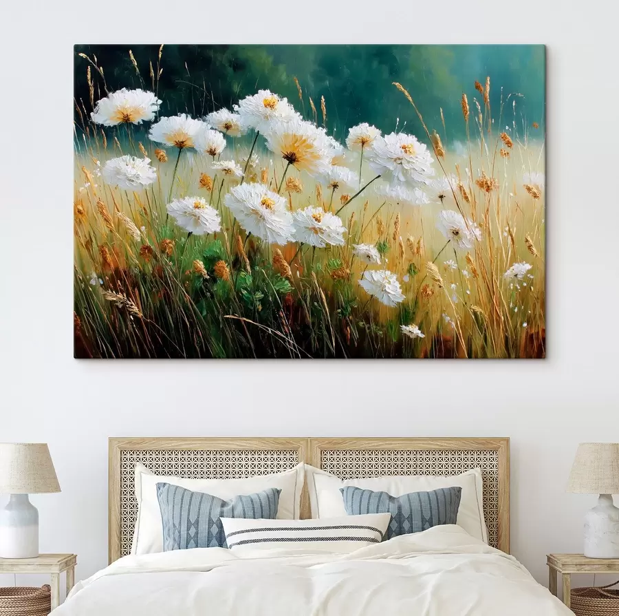 Fototapete Weiße Blumen auf einer Wiese in Öl Stil s44842