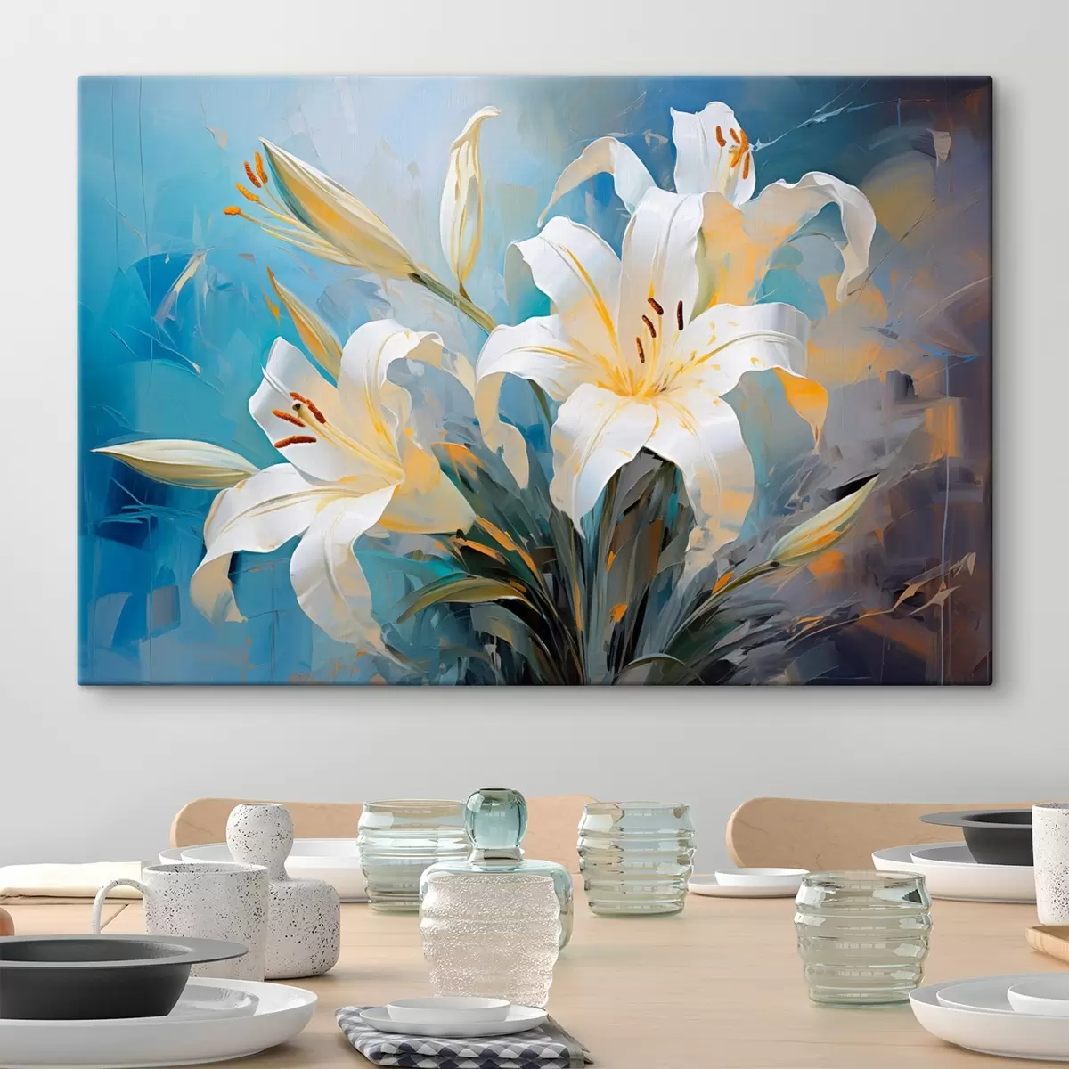 Wandbilder Abstrakte Lilien auf einem bunten Hintergrund im Kunststil s44849