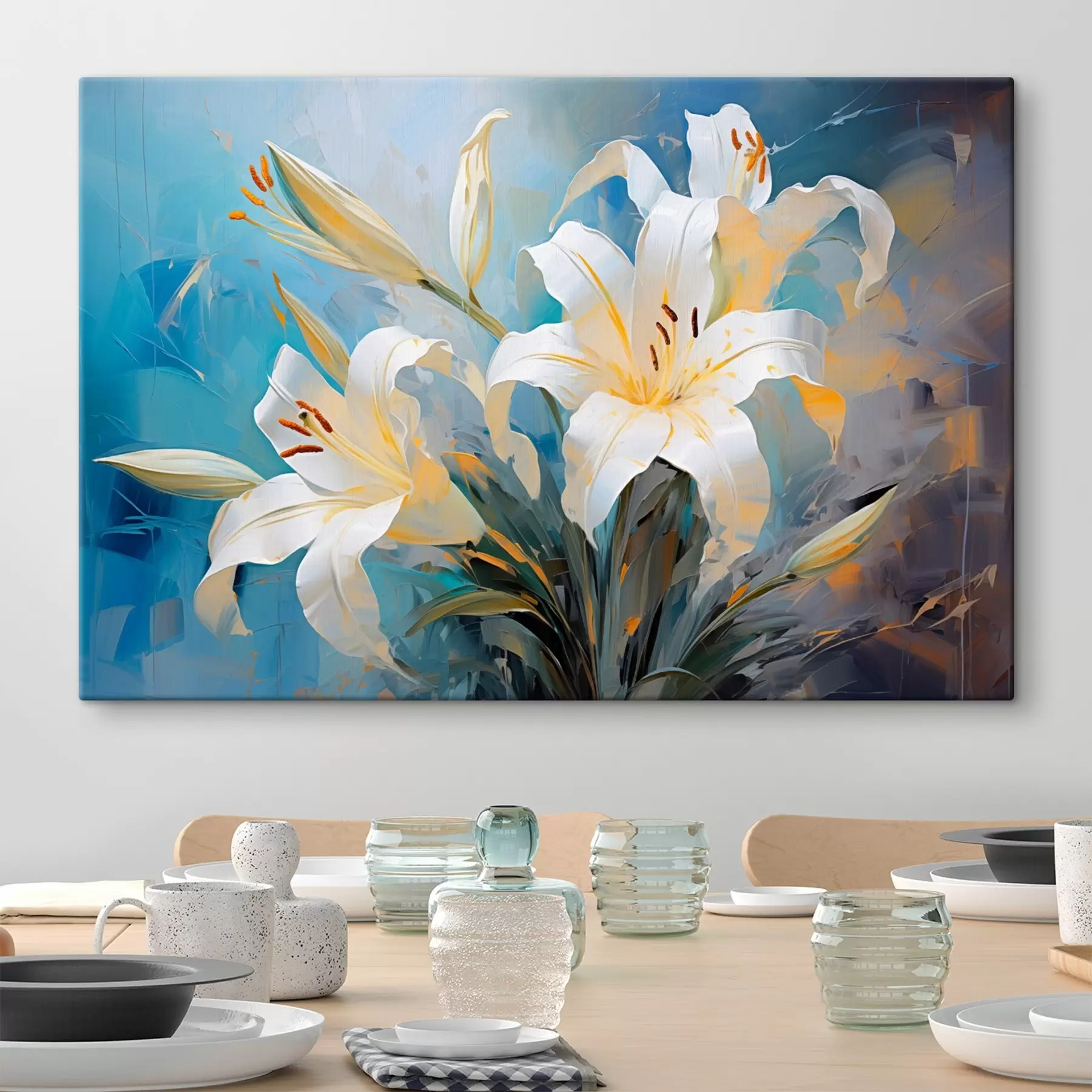 Wandbilder Abstrakte Lilien auf einem bunten Hintergrund im Kunststil s44849