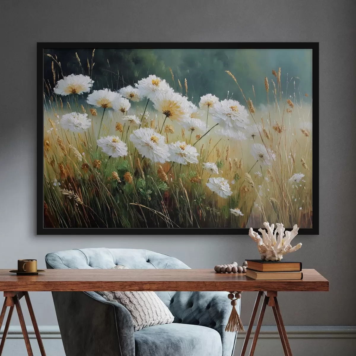 Poster Weiße Blumen auf einer Wiese in Öl Stil f44842