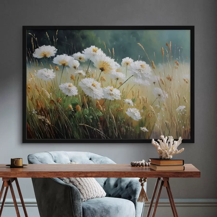 Fototapete Weiße Blumen auf einer Wiese in Öl Stil f44842