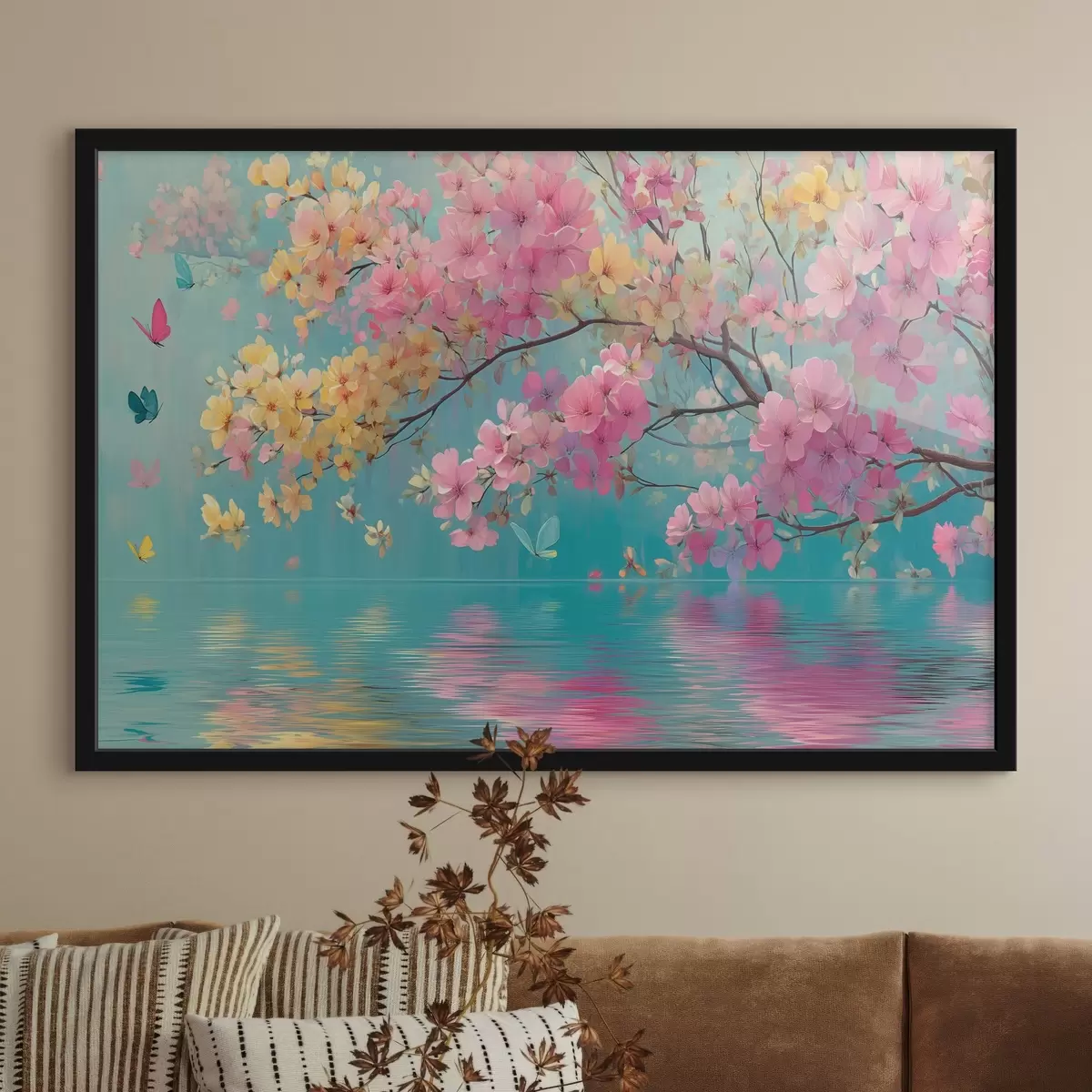 Poster Blühender Zweig über Wasser im Aquarellstil f44844