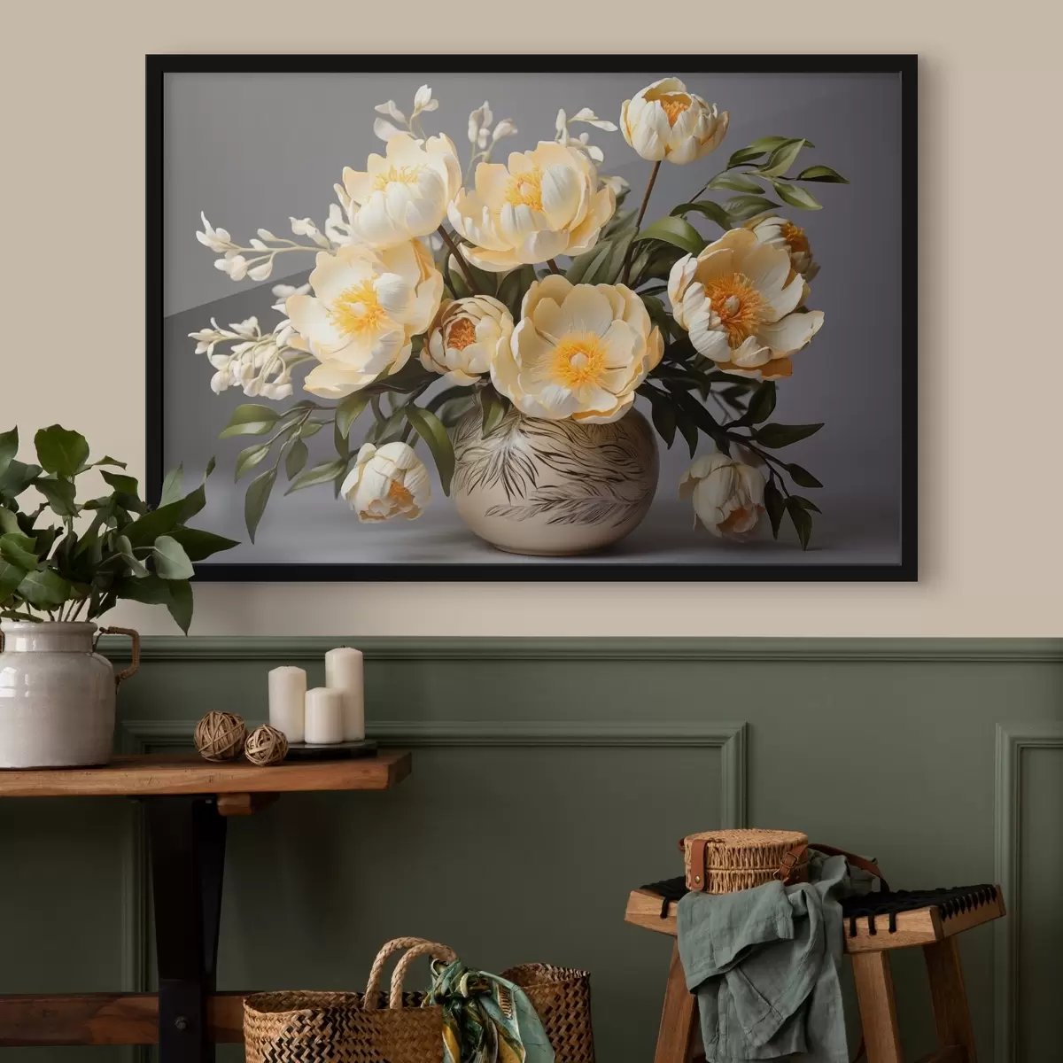 Poster Zarte Blumen mit gelben Zentren in einer gemusterten Vase f44847