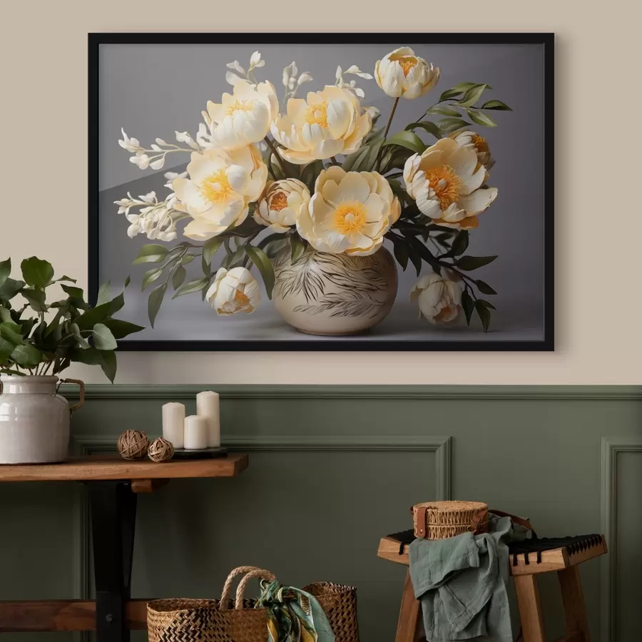 Fototapete Zarte Blumen mit gelben Zentren in einer gemusterten Vase f44847