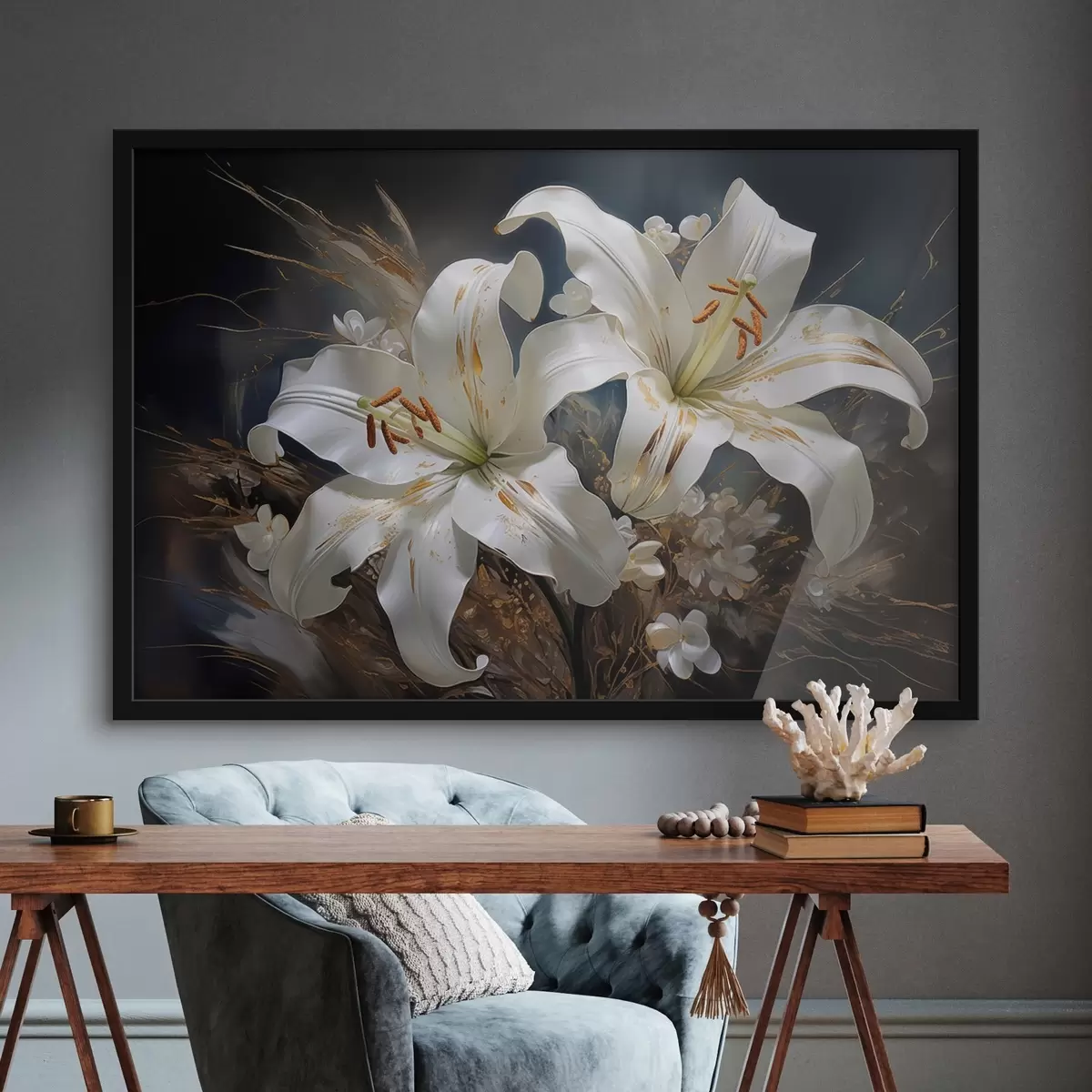 Poster Lilienblüten auf dunklem Hintergrund mit dekorativen Elementen f44848