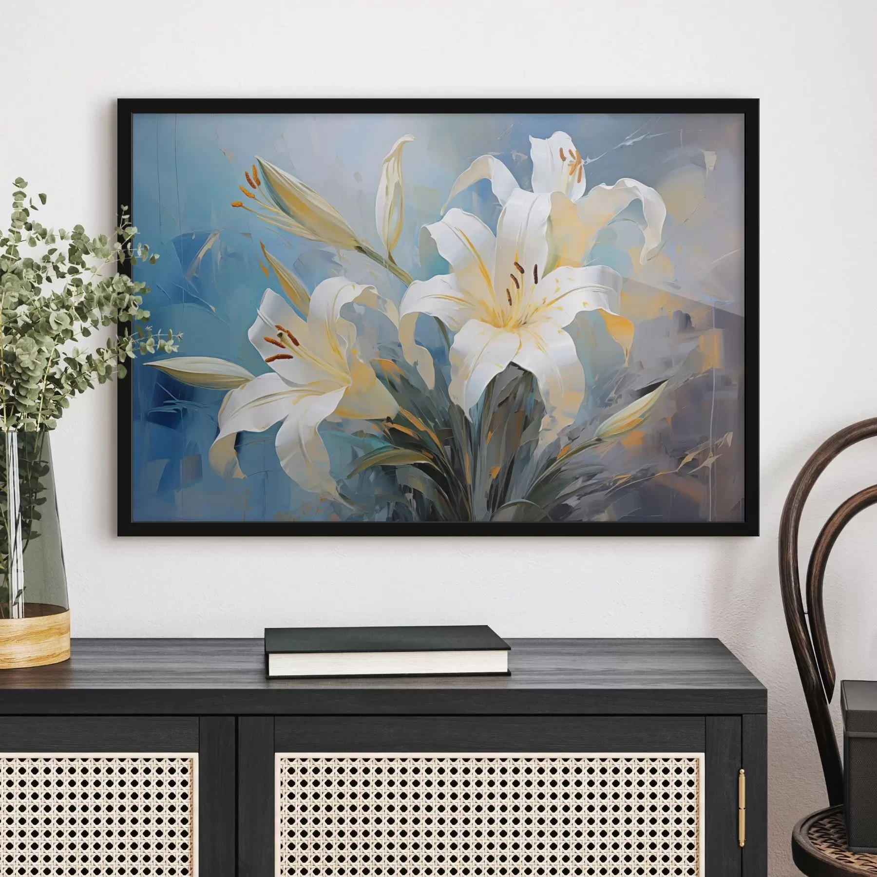 Fototapete Abstrakte Lilien auf einem bunten Hintergrund im Kunststil f44849