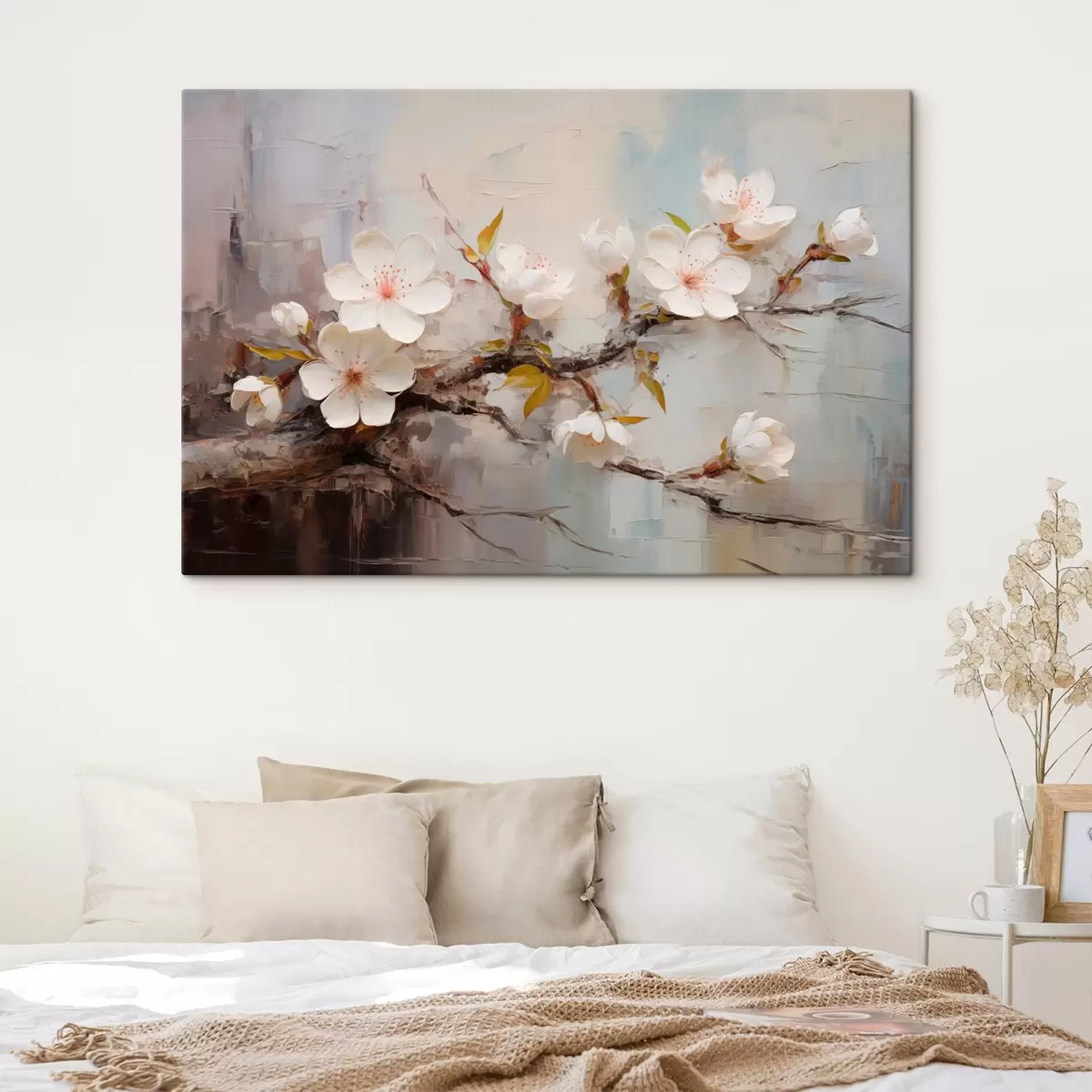 Wandbilder Weiße Blumen mit rosa Akzenten auf einem abstrakten Hintergrund s44935