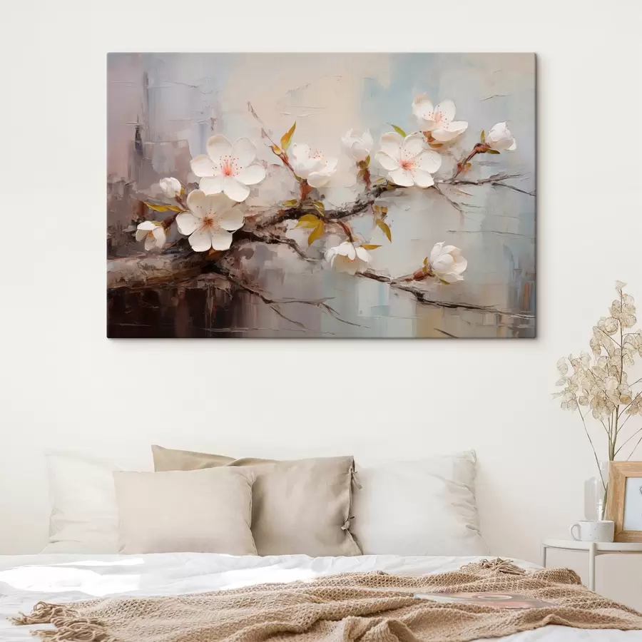 Wandbilder Weiße Blumen mit rosa Akzenten auf einem abstrakten Hintergrund s44935