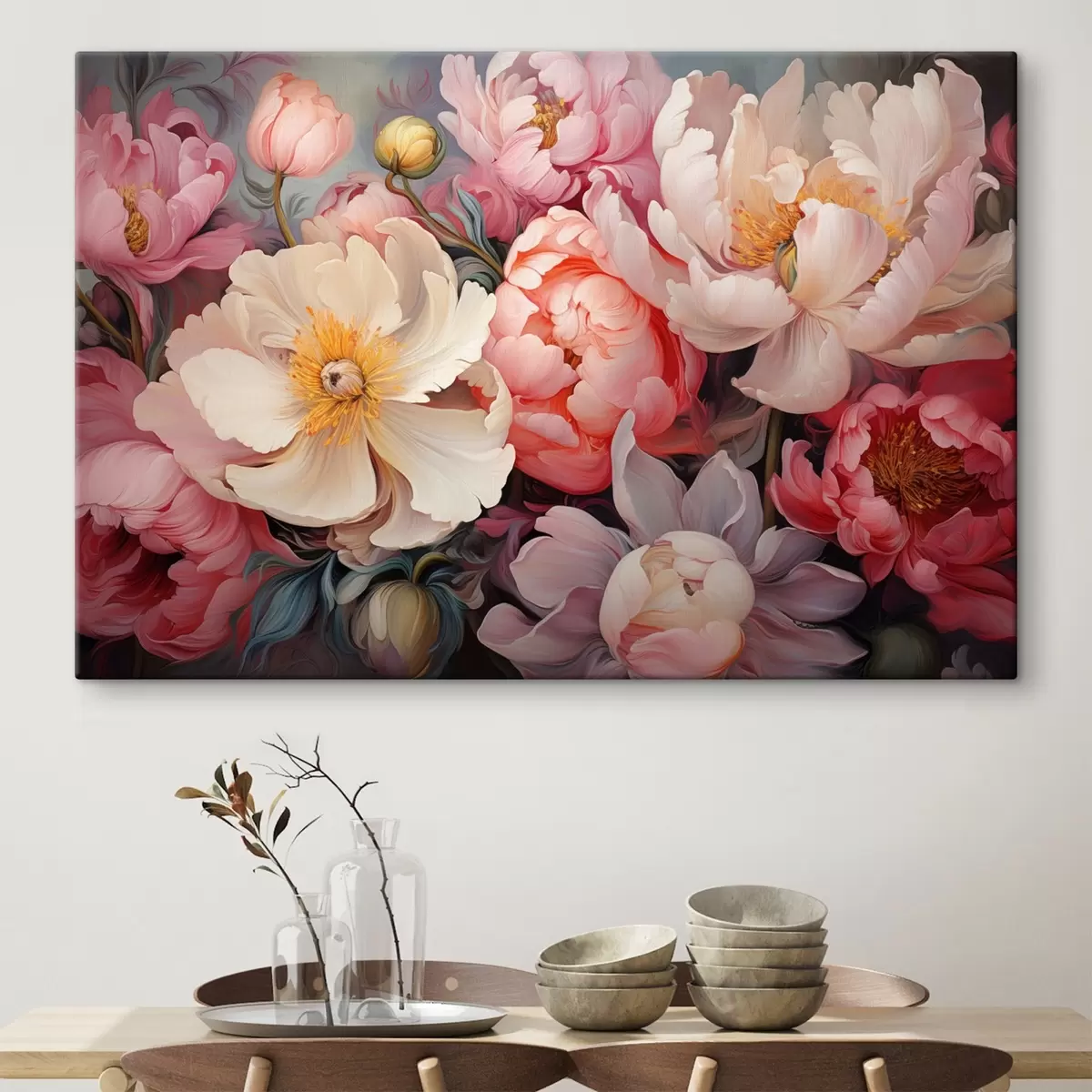 Wandbilder Üppige Pfingstrosen in rosa Farbtönen im Stil eines Ölgemäldes s44936