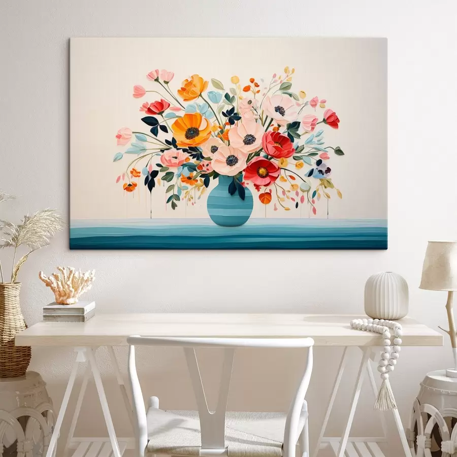 Wandbilder Bunter Blumenstrauß in einer blauen Vase im dekorativen Stil s44937