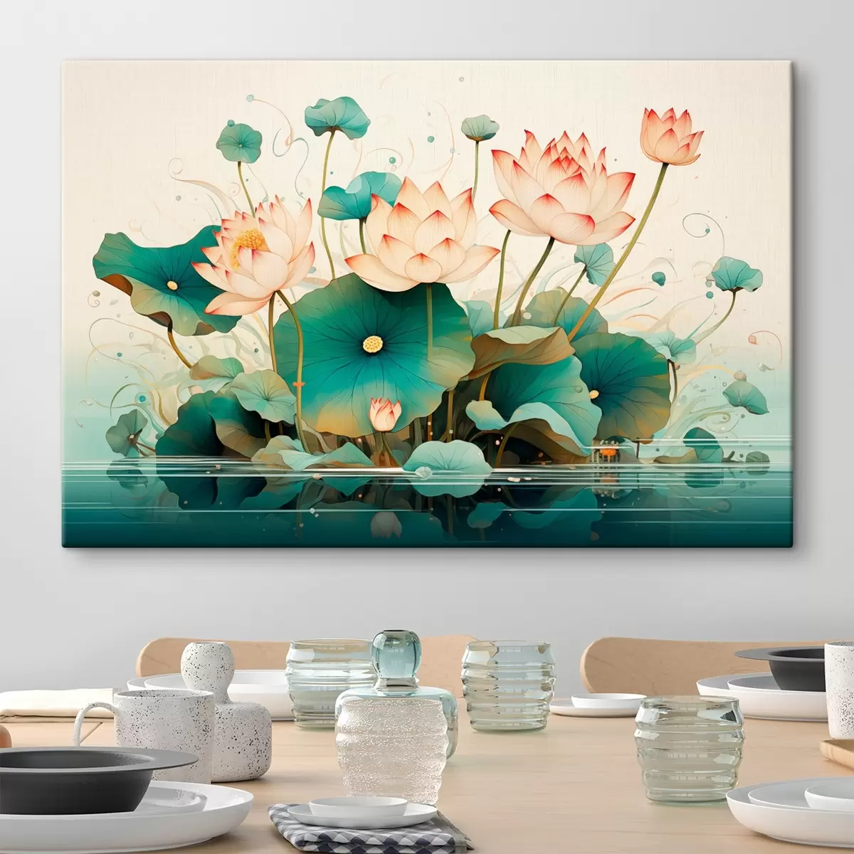 Wandbilder Lotosblumen mit großen Blättern im Illustrationsstil s44939