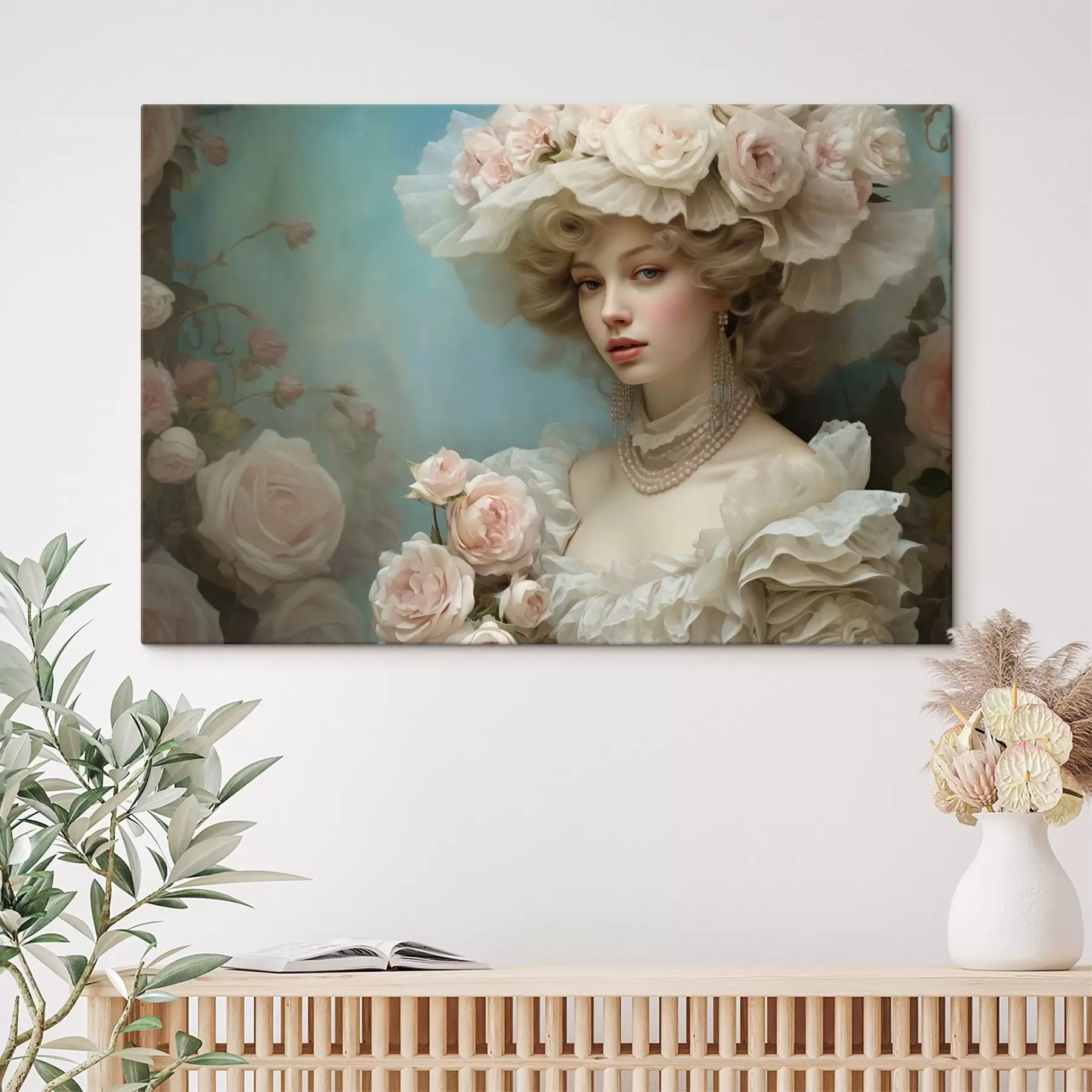 Wandbilder Elegante Dame in einem Hut mit Blumen im künstlerischen Stil s44944