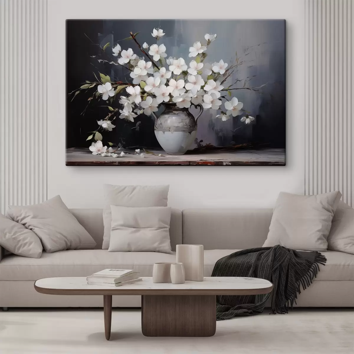 Wandbilder Blühende Zweige in einer Vase auf einem dunklen Hintergrund im malerischen Stil s44949