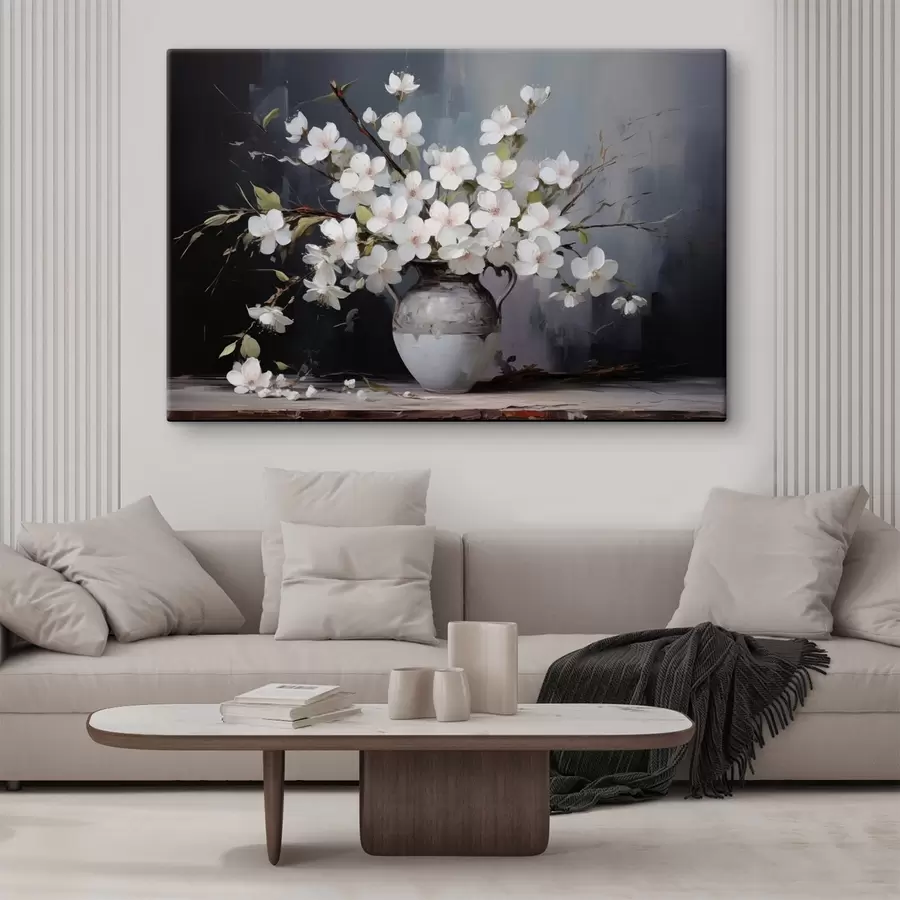 Wandbilder Blühende Zweige in einer Vase auf einem dunklen Hintergrund im malerischen Stil s44949