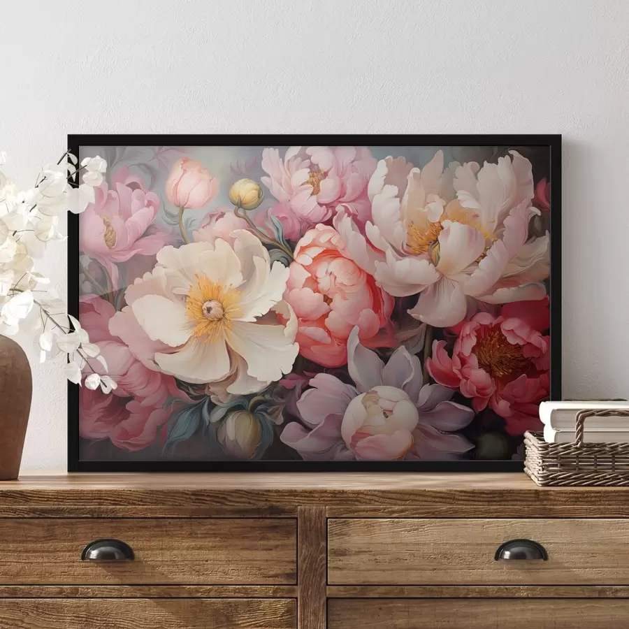 Fototapete Üppige Pfingstrosen in rosa Farbtönen im Stil eines Ölgemäldes f44936