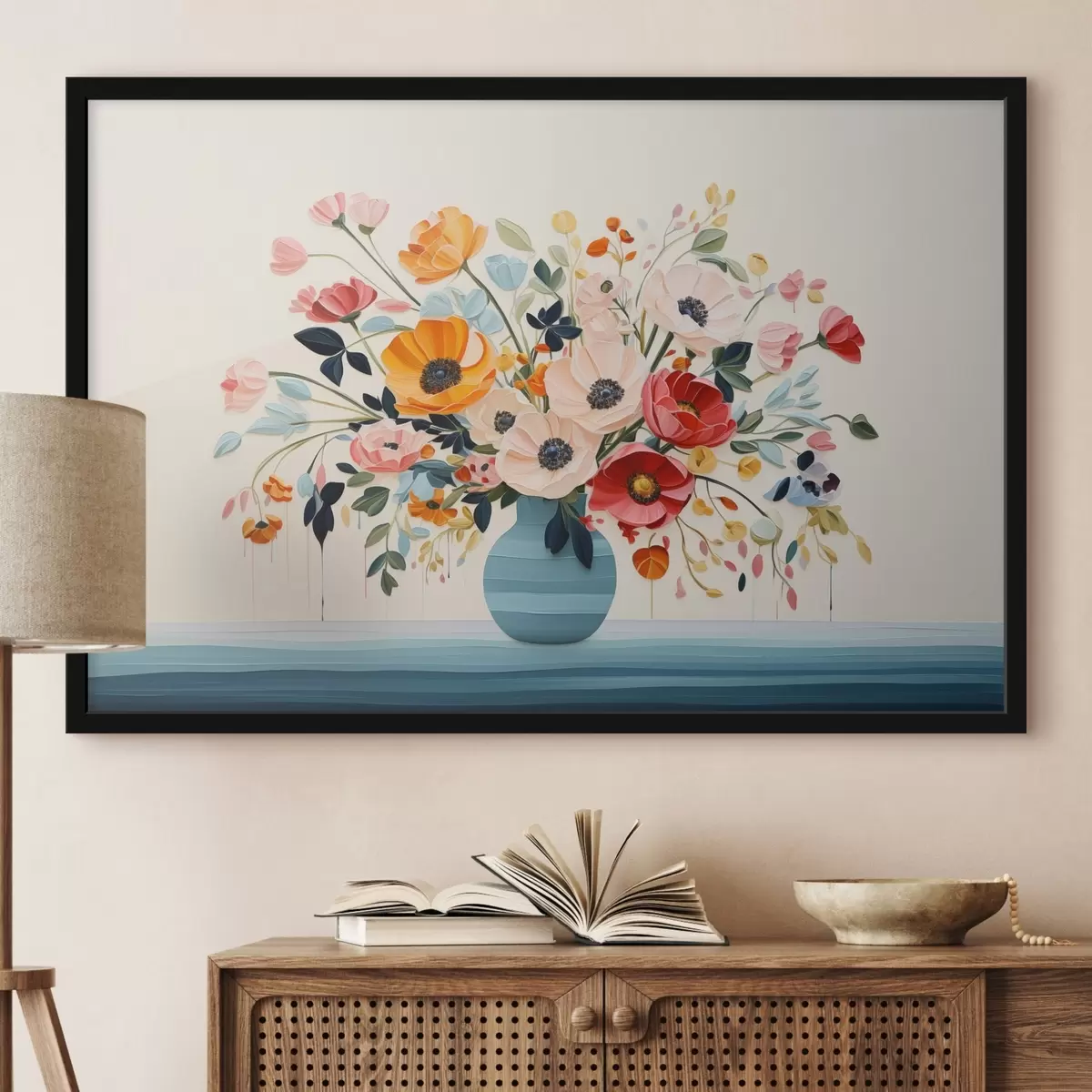 Poster Bunter Blumenstrauß in einer blauen Vase im dekorativen Stil f44937