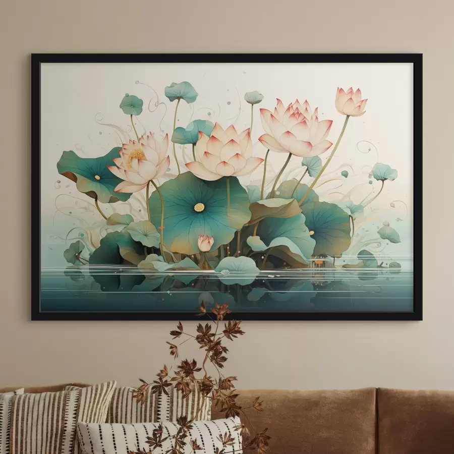 Fototapete Lotosblumen mit großen Blättern im Illustrationsstil f44939