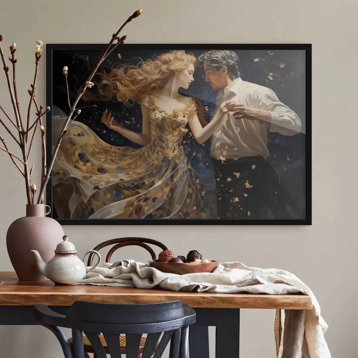 Poster Pärchen in Bewegung in gelb-blauen Tönen im Malstil f44940