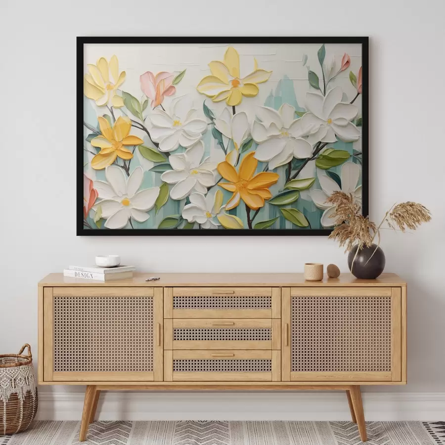 Fototapete Geprägte Blumen in leuchtenden Farben im Stil einer Pinselstrichimitation f44942