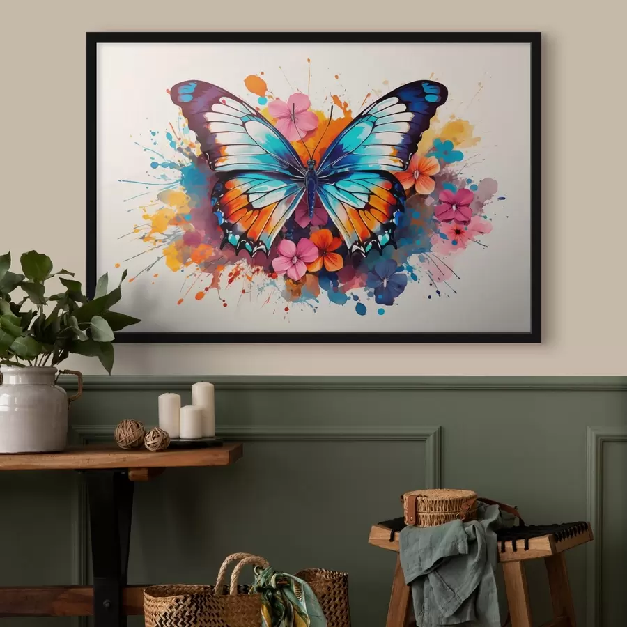 Fototapete Dynamische Komposition eines Schmetterlings und floralen Flecken im Kunststil f44943