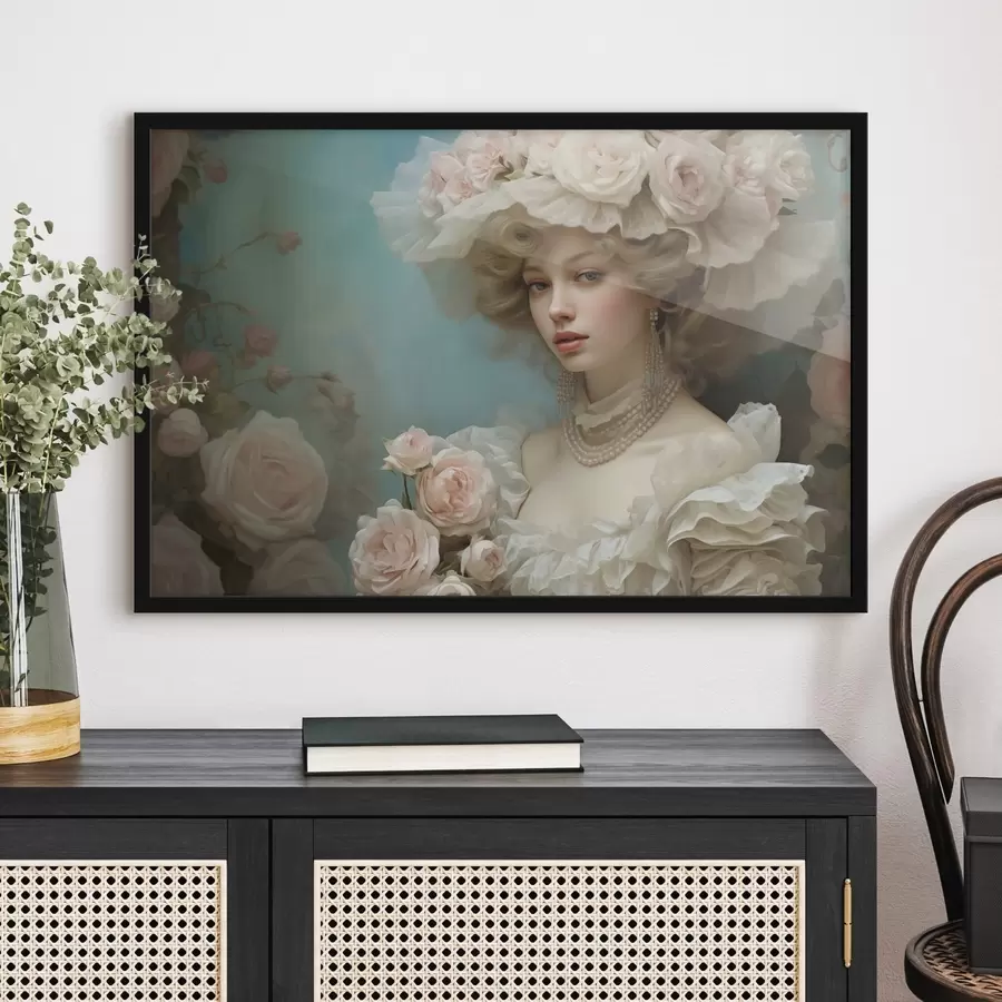 Fototapete Elegante Dame in einem Hut mit Blumen im künstlerischen Stil f44944