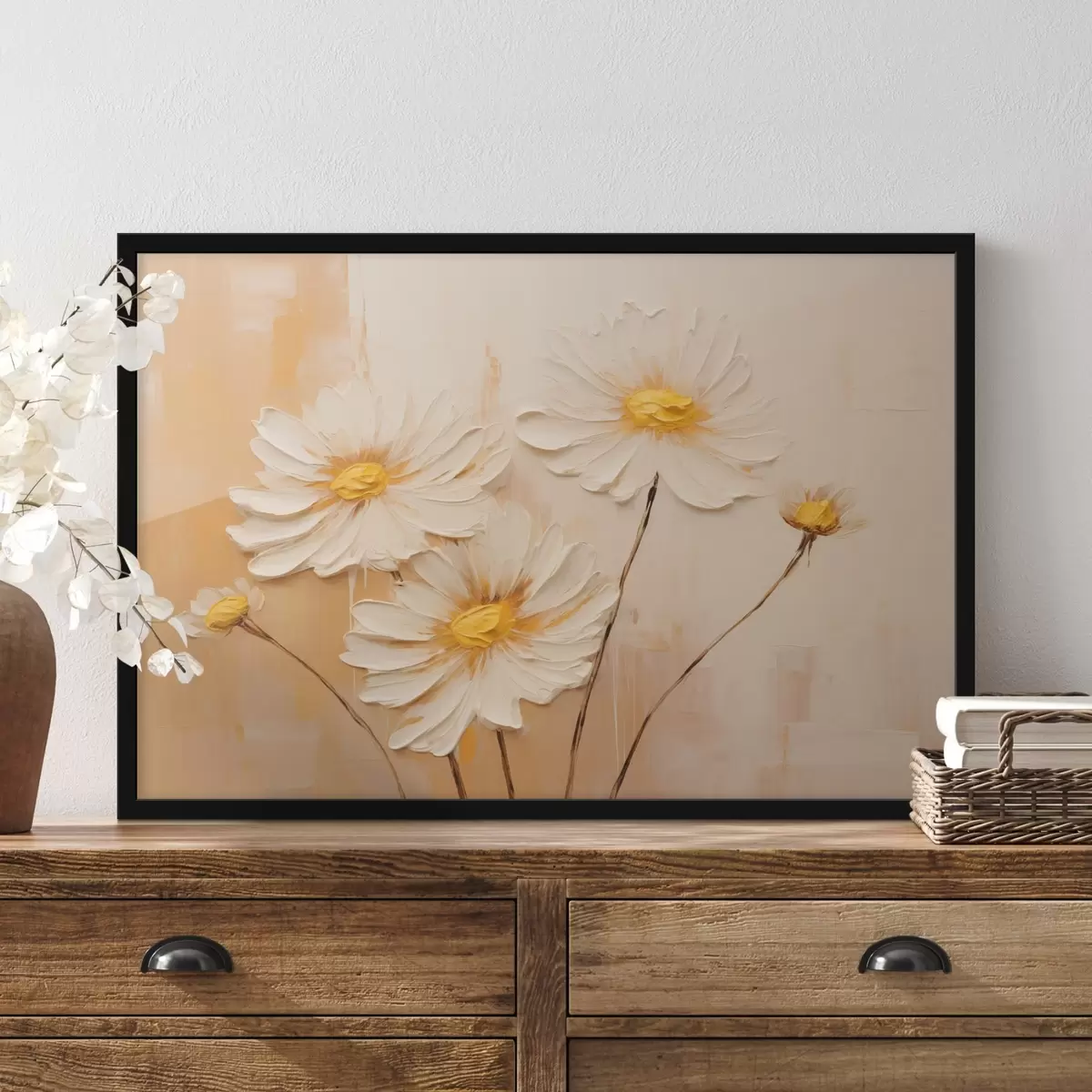 Poster Abstrakte Blumen auf einem orangefarbenen Hintergrund im Stil der Ölmalerei f44945