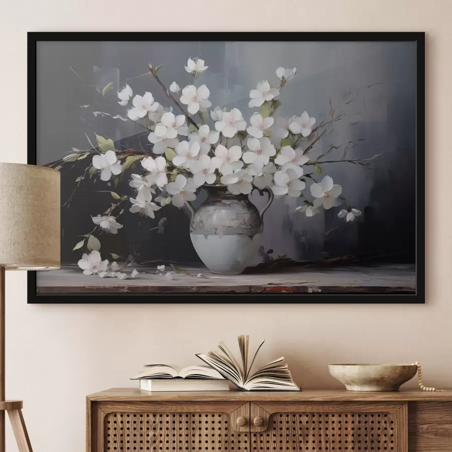 Fototapete Blühende Zweige in einer Vase auf einem dunklen Hintergrund im malerischen Stil f44949