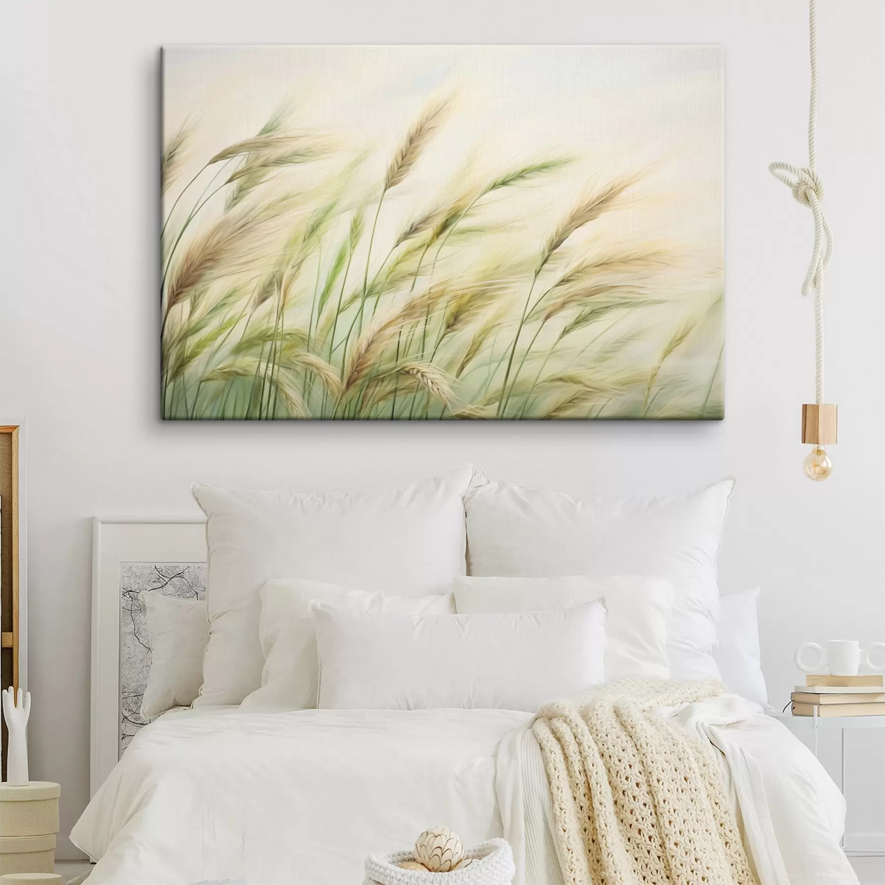 Wandbilder Weizenfeld mit gelben und grünen Ähren, weiche Pinselstriche und eine helle Farbpalette, natürliche Atmosphäre s44923