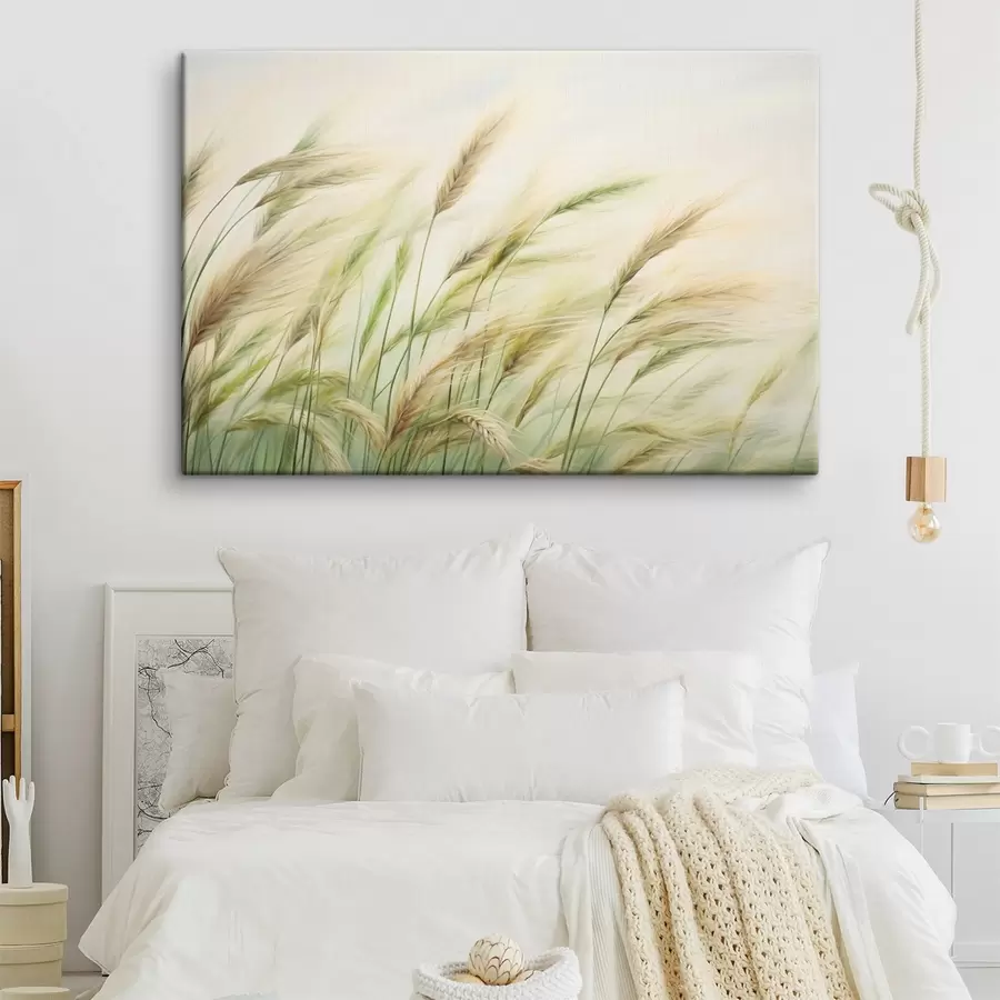 Wandbilder Weizenfeld mit gelben und grünen Ähren, weiche Pinselstriche und eine helle Farbpalette, natürliche Atmosphäre s44923