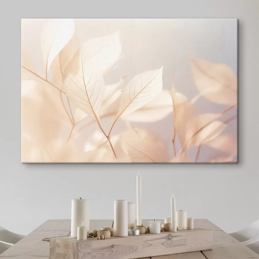 Wandbilder Transluzente Blätter mit komplizierten Adermustern, sanfte Pastellfarben, ätherische Beleuchtung, minimalistische Komposition s44928