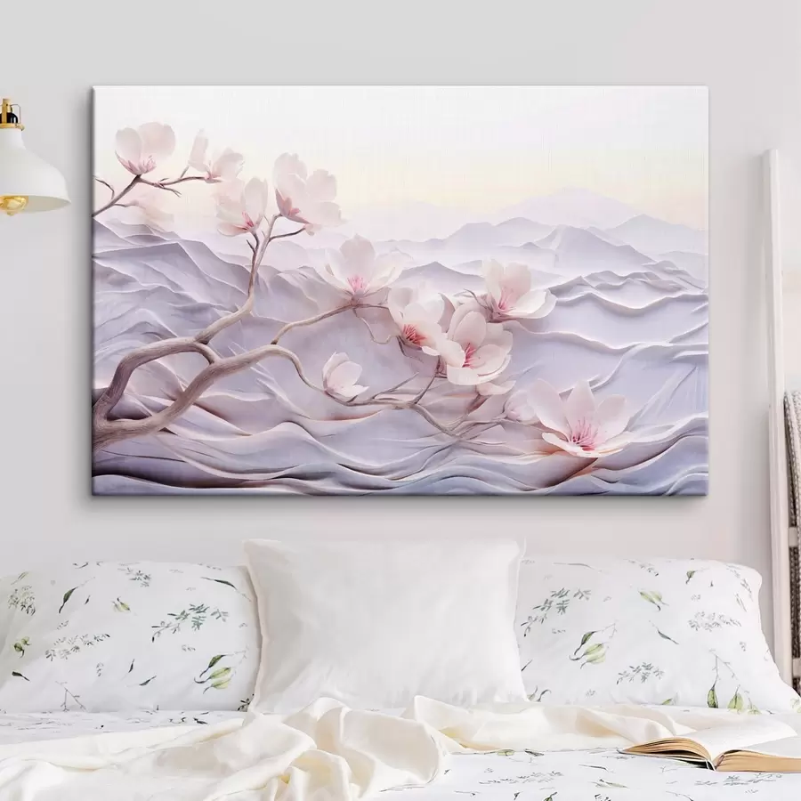 Wandbilder Blütenzweig mit rosa Blumen, Berge im Hintergrund, weiche Pastellfarben, japanische Strukturkunst s44930
