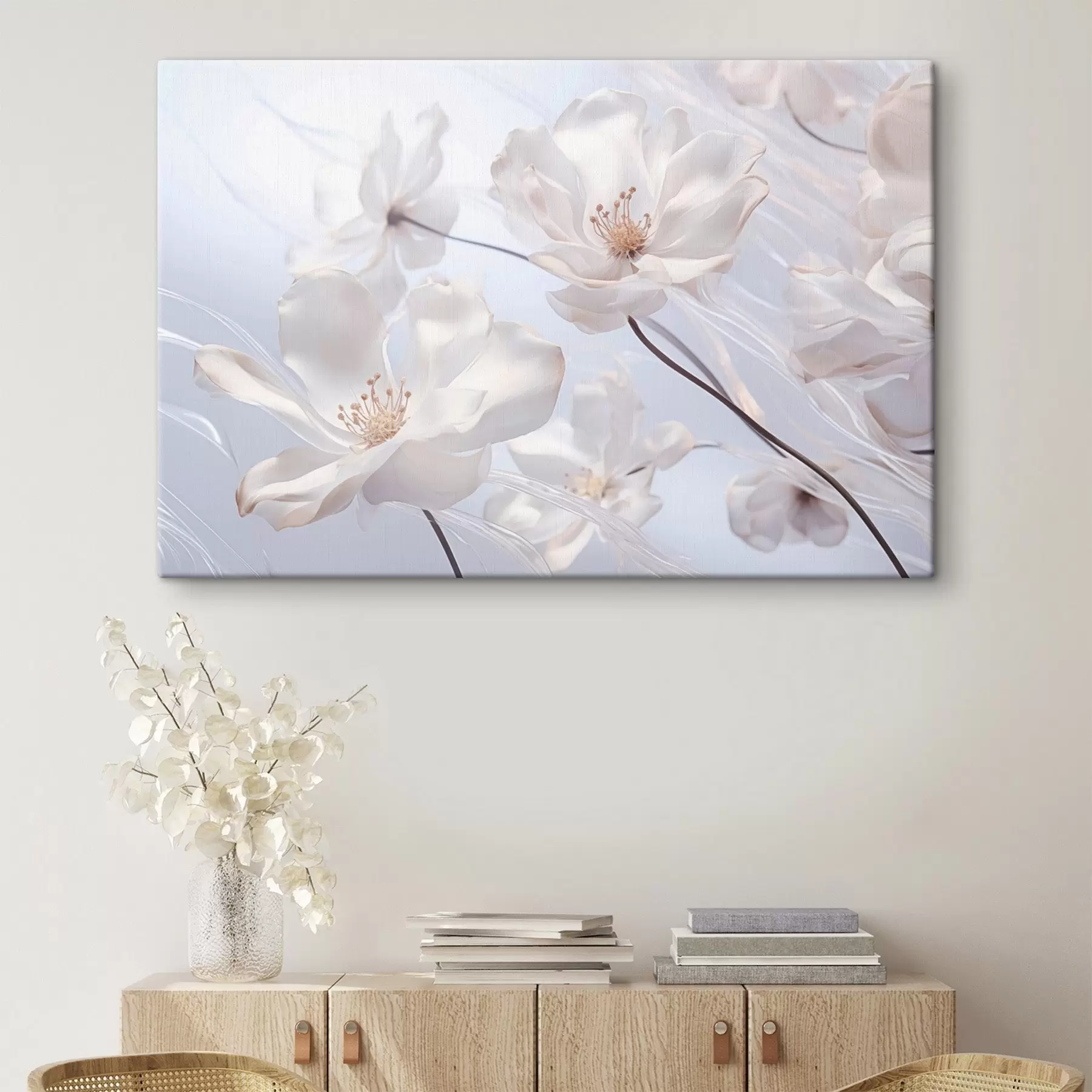 Wandbilder Weiße Blumen mit durchscheinenden Blütenblättern, weicher hellblauer Hintergrund, elegant, romantisch, zart, verträumt s44931