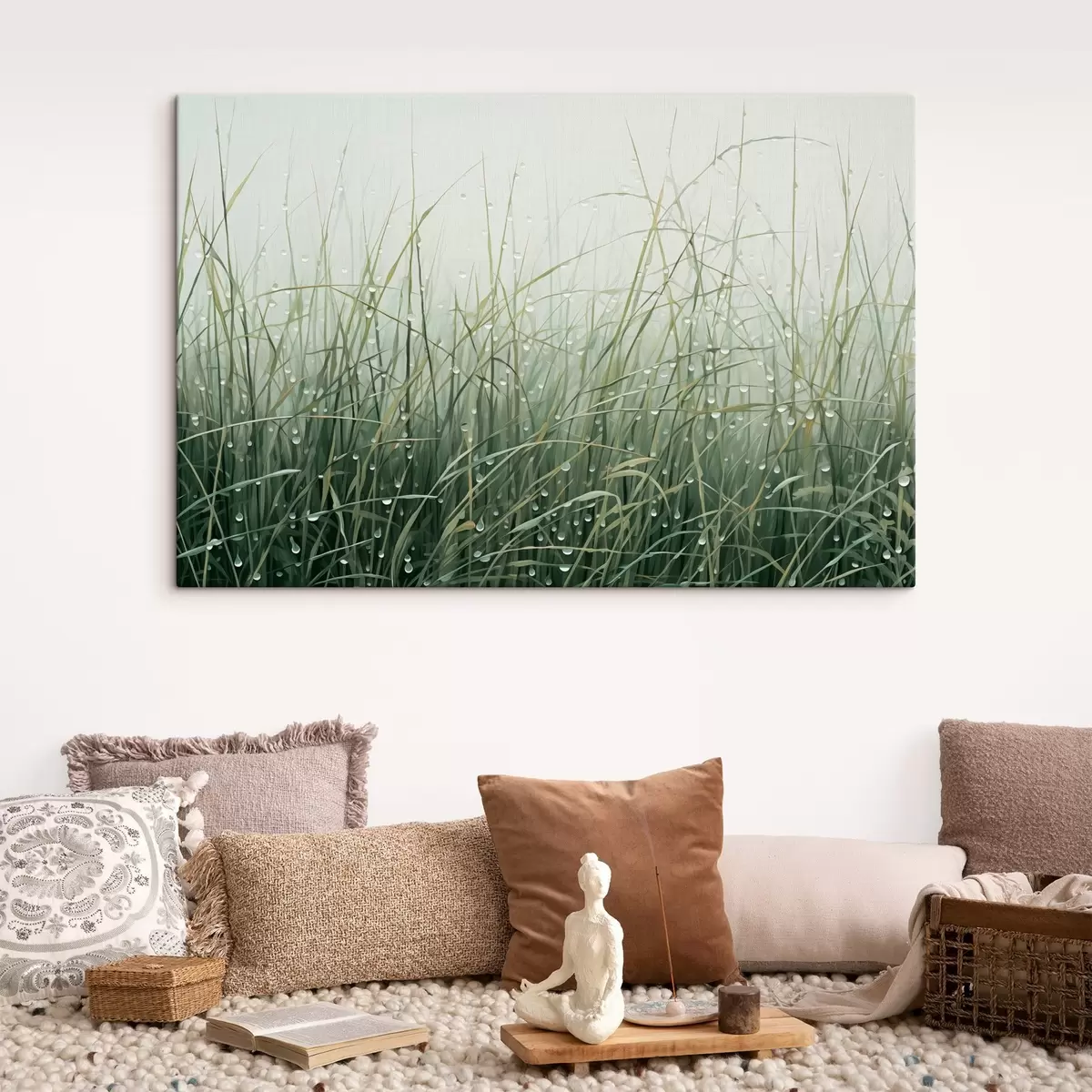 Wandbilder Gras mit Wassertropfen, Grüntöne, weiches Licht, nebliger Hintergrund, abstrakter minimalistischer strukturierter Stil s44932