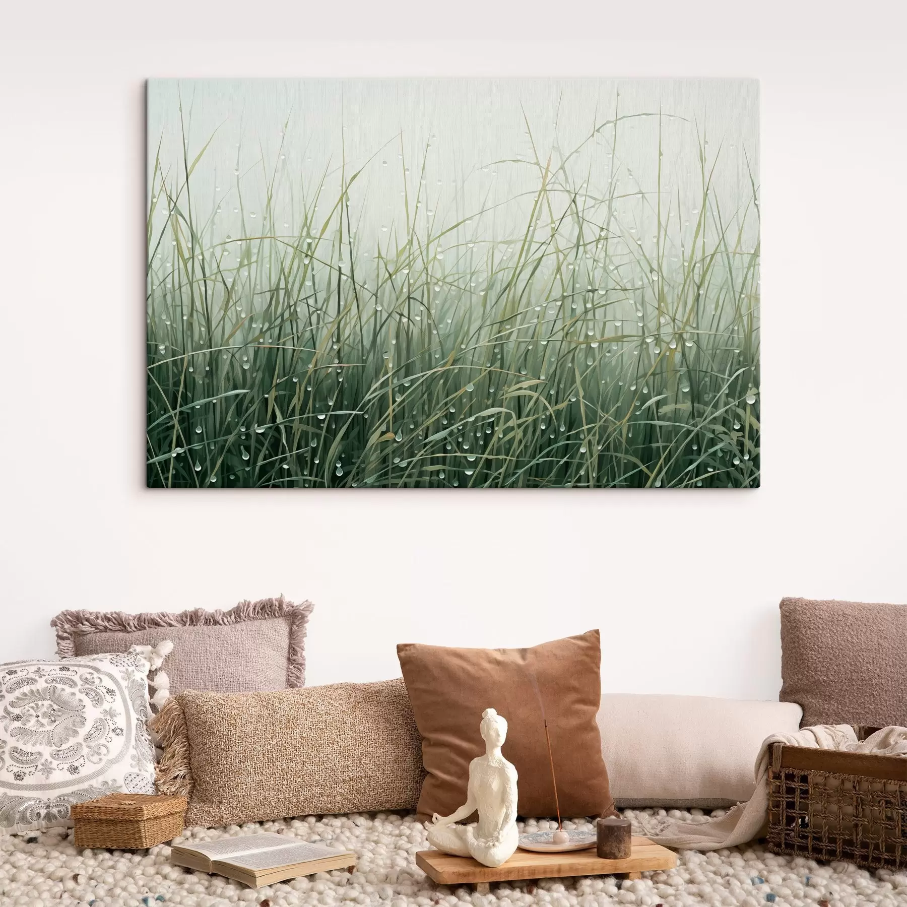 Wandbilder Gras mit Wassertropfen, Grüntöne, weiches Licht, nebliger Hintergrund, abstrakter minimalistischer strukturierter Stil s44932