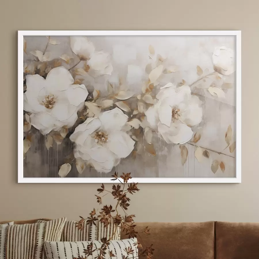 Fototapete Weiße Blumen mit braunen Blättern in einem beigen Hintergrund, Ölgemälde Nachahmung, Blumenarrangement, botanische Kunst f44922