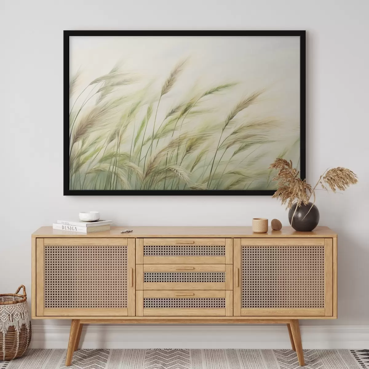 Poster Weizenfeld mit gelben und grünen Ähren, weiche Pinselstriche und eine helle Farbpalette, natürliche Atmosphäre f44923