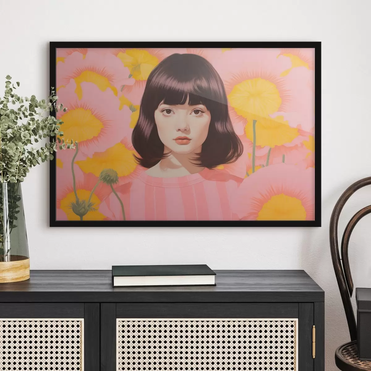 Poster Ein dekoratives minimalistisches Porträt von asiatischen Mädchen in einem Feld von gelben und rosa Blumen f44924